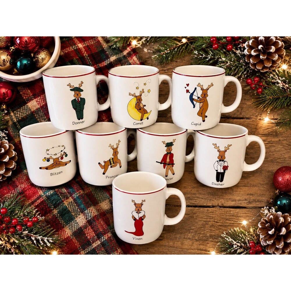Santa's Reindeer mugs LTD COMMODITIES SET of 8 Christmas Holiday Hot Chocolate